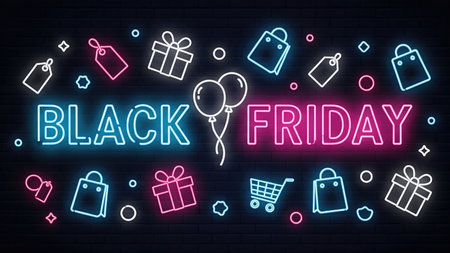 Neon black Friday sale with shopping icons and balloons on dark brick wall.の素材