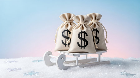 Money bags on sleigh concept: financial success and winter savings.の素材
