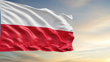 Polish flag waving against a tranquil sky at sunset.の素材