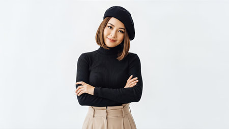 Confident woman in black beret and turtleneck smiling with arms crossed.の素材