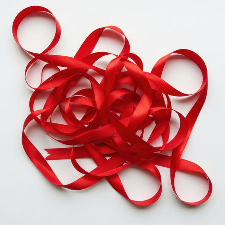 Valentine's day red ribbon on white background for holiday decoration and celebration design.の素材