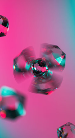 Abstract gemstones with neon pink and teal colors reflecting light in motion.の素材