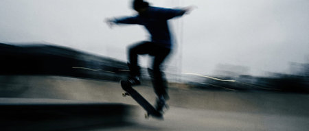 Motion blur skateboarder performing trick in urban skatepark at dusk.の素材
