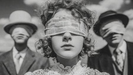 Conceptual imagery of blindfolded individuals in vintage attire suggesting media influence.の素材