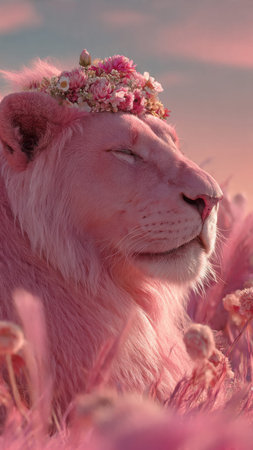 Majestic pink lion with flower crown in dreamy sunset meadow.の素材