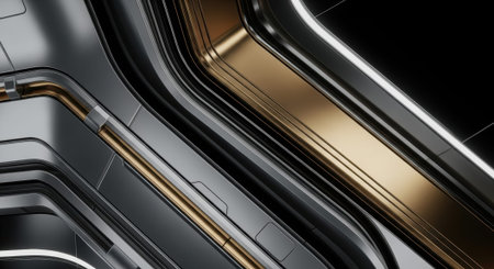 Futuristic metallic abstract design with black, silver, and gold highlights.の素材