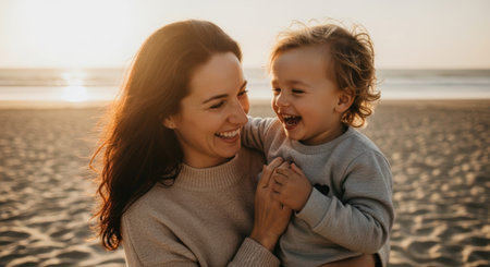 Joyful mother and child laughing together on a sunny beach day.の素材
