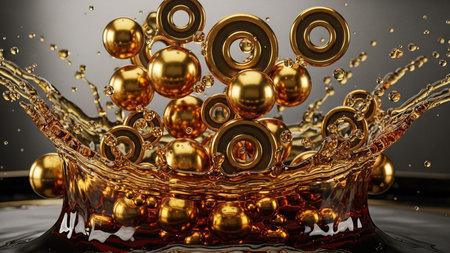 Dynamic splash of golden spheres and rings in fluid motion.の素材