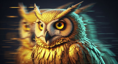 Vibrant owl in motion: captivating digital art with futuristic touch.の素材