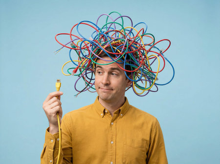 Man with colorful cable wig holding ethernet cord against blue background.の素材