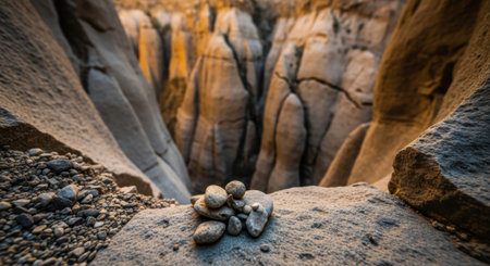 Tranquil sunset over rocky desert canyon with smooth stones and shadows.の素材