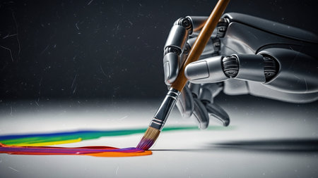 Robotic hand painting colorful rainbow stroke: ai meets artistic expression.の素材