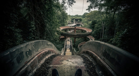 Abandoned water slide amidst dense jungle trees in overgrown adventure park.の素材