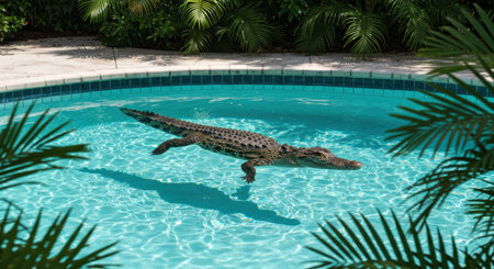 Alligator relaxing in backyard pool surrounded by lush green foliage under bright sunlight.の素材