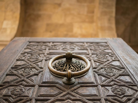 Intricate islamic door design with metal ring knocker for ramadan decoration and art.の素材