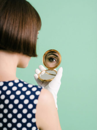 Retro glamour: woman with bob haircut holding compact mirror on green background.の素材