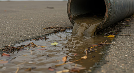 Rusty pipe discharges polluted water onto urban street with debris.の素材
