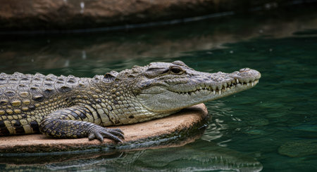 Resting crocodile on rock by calm green water in natural habitat.の素材