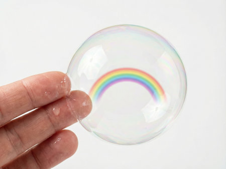 Hand holding soap bubble with rainbow reflection on neutral background.の素材