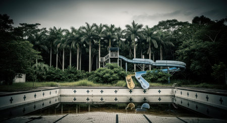 Abandoned water park with overgrown trees and empty pool.の素材
