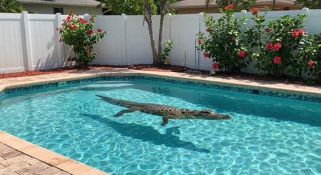Alligator swimming in backyard pool surrounded by tropical plants and white fence.の素材