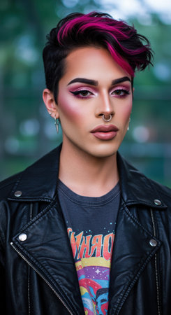 Bold fashion: person with vibrant hair and makeup in a leather jacket in an urban setting.の素材