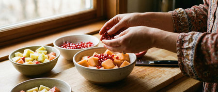 Preparing fruits for ramadan iftar meal with pomegranate and melon in warm kitchen setting.の素材