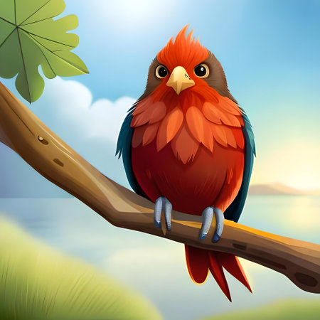 Vector illustration of Cartoon red bird sitting on a branch in nature backgroundの素材