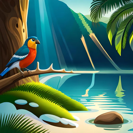 Illustration of a blue parrot sitting on a branch in the jungleの素材