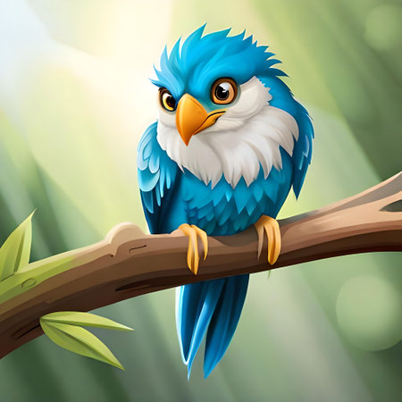 Illustration of a blue bird sitting on a branch in the forestの素材