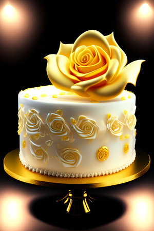 Wedding cake with yellow roses on a black background. 3d renderingの素材
