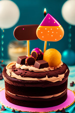 Birthday cake with candles and chocolate candies on blue background.の素材