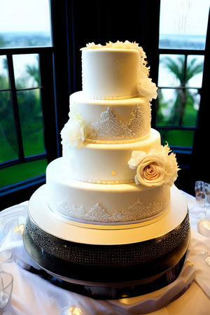 Wedding cake with roses on the table, close-upの素材
