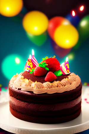 Birthday cake with candles and confectionery on a colorful backgroundの素材