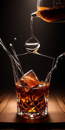 whiskey with ice cubes on a dark background, close-upの素材