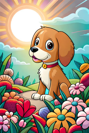 Cute Cartoon puppy and dog Illustratonの素材