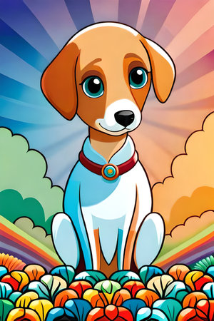 Cute cartoon dog characters with flower background generative aiの素材