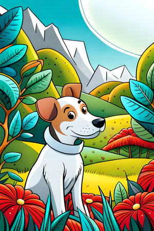 Cute cartoon dog characters with flower background generative aiの素材