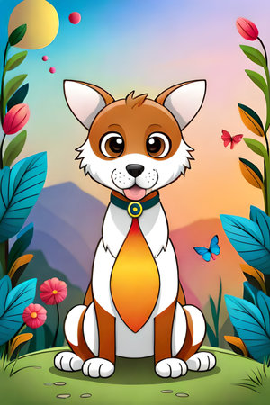 Cute cartoon dog characters with flower background generative aiの素材