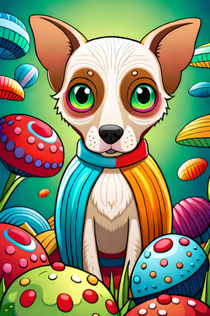 Cute cartoon dog characters with flower background generative aiの素材