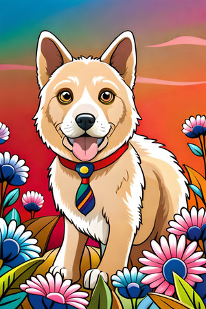 Cute cartoon dog characters with flower background generative aiの素材