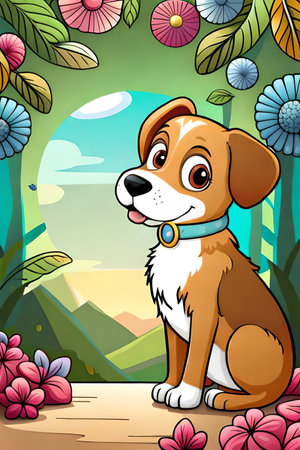 Cute cartoon dog characters with flower background generative aiの素材