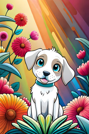 Cute cartoon dog characters with flower background generative aiの素材