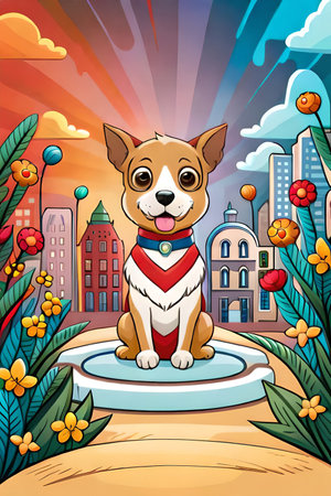 Cute cartoon dog characters with flower background generative aiの素材