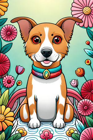 Cute cartoon dog characters with flower background generative aiの素材