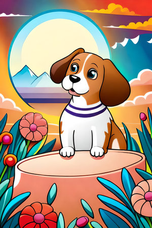 Cute cartoon dog characters with flower background generative aiの素材