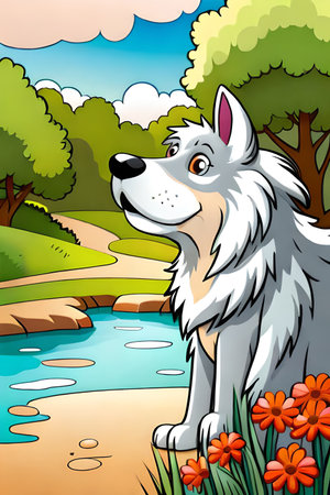 Cute cartoon dog characters with flower background generative aiの素材
