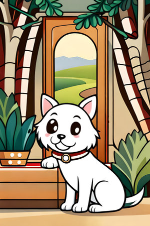 Cute cartoon dog characters with flower background generative aiの素材