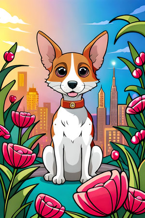 Cute cartoon dog characters with flower background generative aiの素材