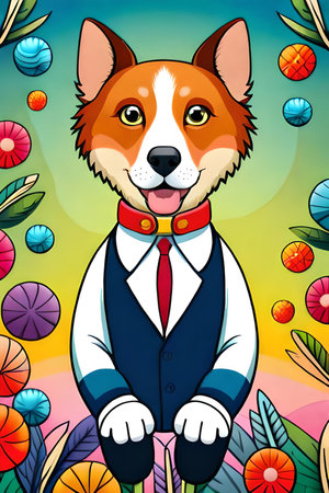 Cute cartoon dog characters with flower background generative aiの素材